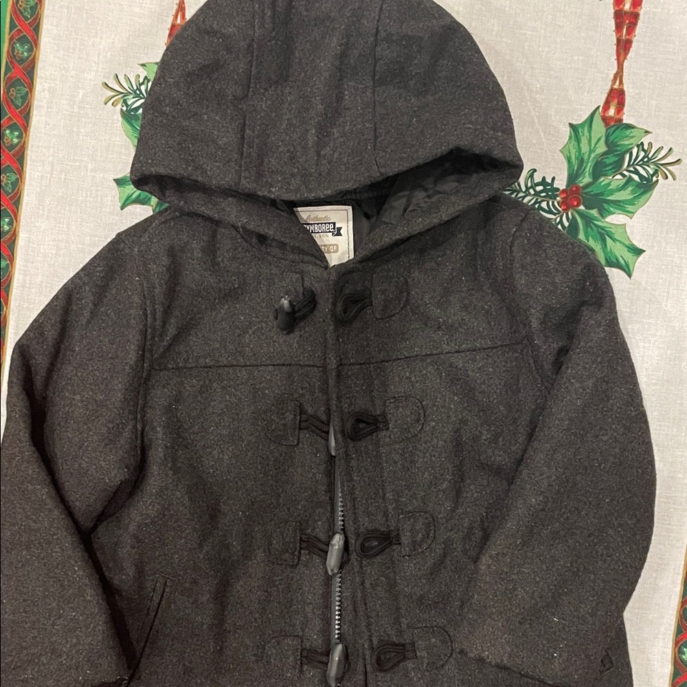 Gymboree Charcoal Toggle Pea Coat. Quilted Lining. Zip up and toggle. Poly/wool.
